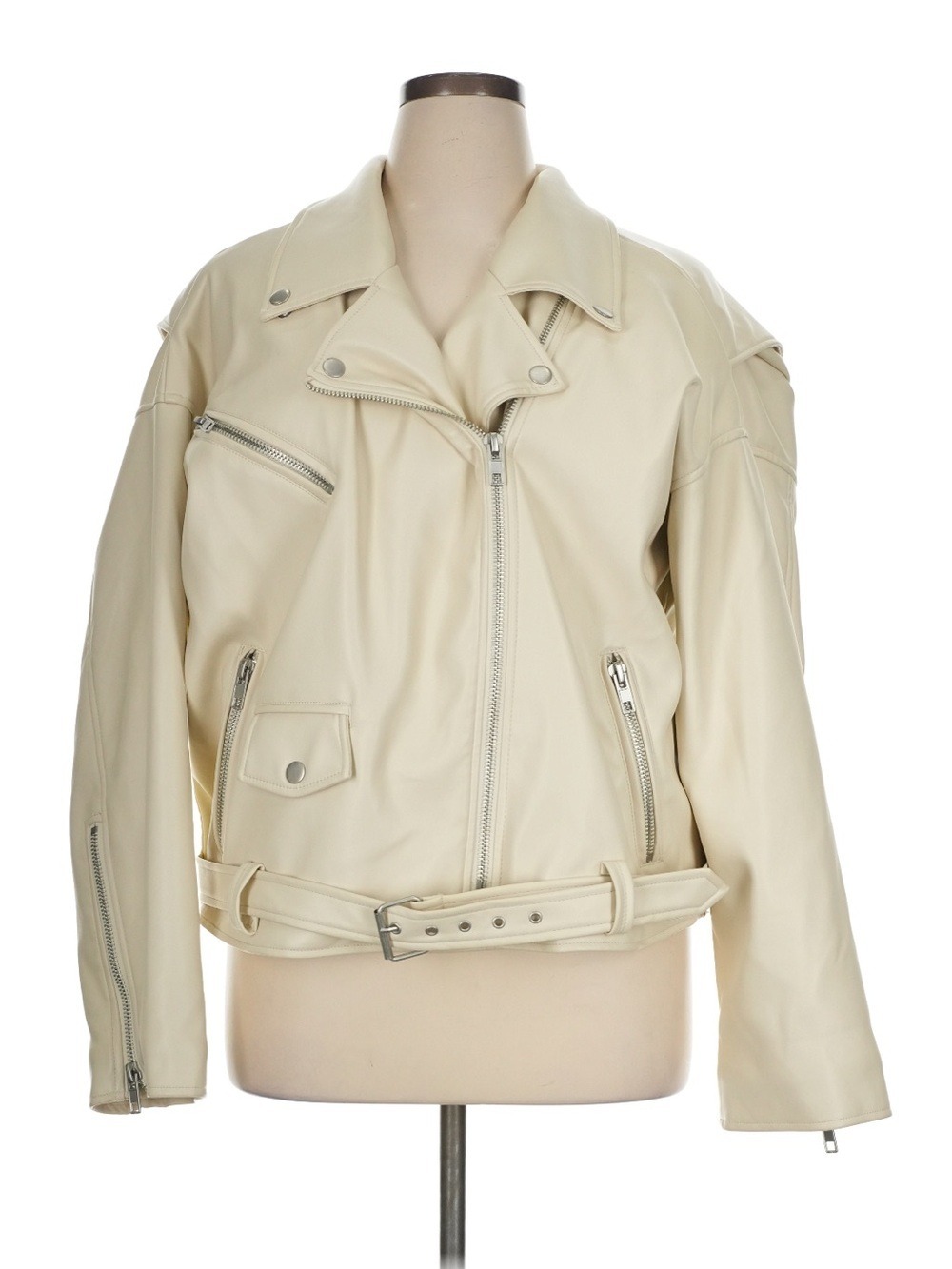 Good American Cream Leather Moto Jacket with Belt